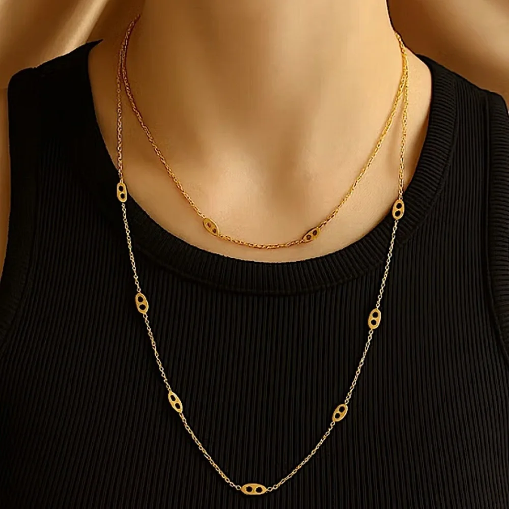 Multilayer Gold Plated Pig nose Necklace Bracelet Set Stainless Steel